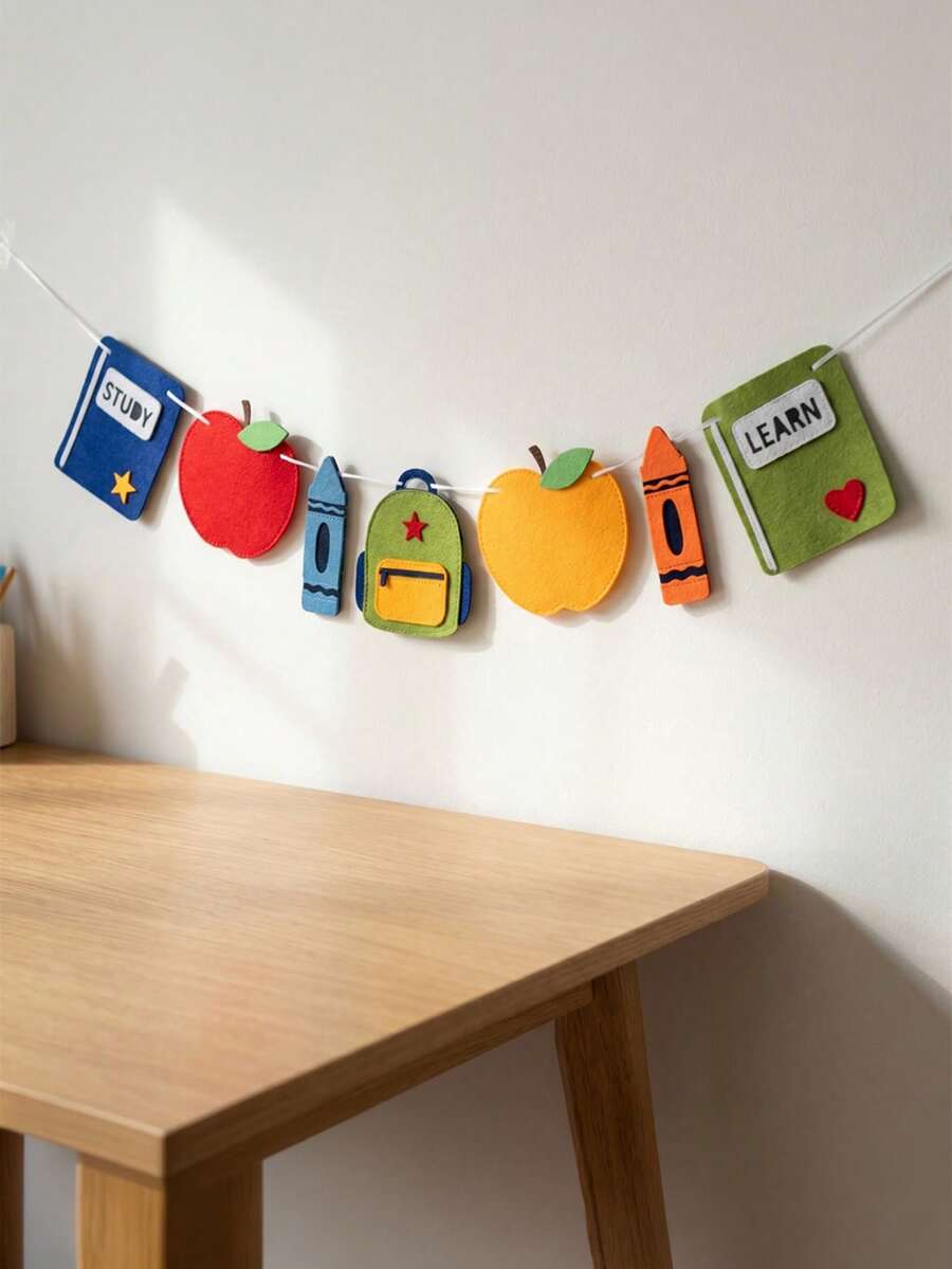 Felt Back-To-School Banner Suitable For School Decorations - Themed With Apples, Pencils, Backpacks & Notebooks - Felt Board Decoration For First Day Of School Parties, Teacher Bulletin Boards, Learning Decor - Back to School Flag Raising - View 1