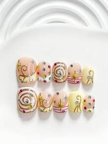 10Pcs Y2K Style Handmade Press On Nail,Polygel Nail Set,Colorful Rhinestone Accents And Starburst,Yellow And Pink Nail Polish,Edgy,Avant Garde Style,Includes Nail Tools,3 Sizes Available,Square,Short Square,Almond,Nails For Party,Dance,Daily Wear. - 彩色 - 查看 12