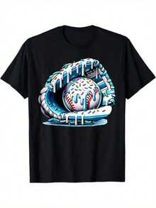 Bate de Béisbol con Decoración de Helado, Camiseta de Jugador de Béisbol, Camiseta Infantil Adecuada para Regalos de Cumpleaños Casuales Estampados para Niños y Niñas - Negro - Ver 1
