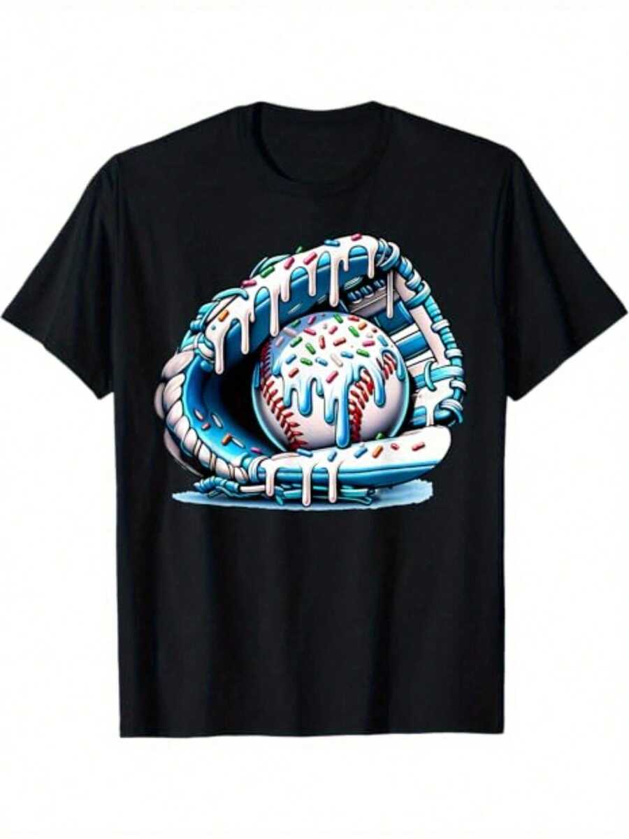 Bate de Béisbol con Decoración de Helado, Camiseta de Jugador de Béisbol, Camiseta Infantil Adecuada para Regalos de Cumpleaños Casuales Estampados para Niños y Niñas - Negro - Ver 1