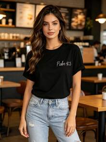 Women'S Christian Bible Verse T-Shirt  God Is In Her Heart, She Will Not Fall  - Psalm 46 5   Casual Short Sleeve Round Neck Top, Suitable For Church - 黑色 - 查看 3
