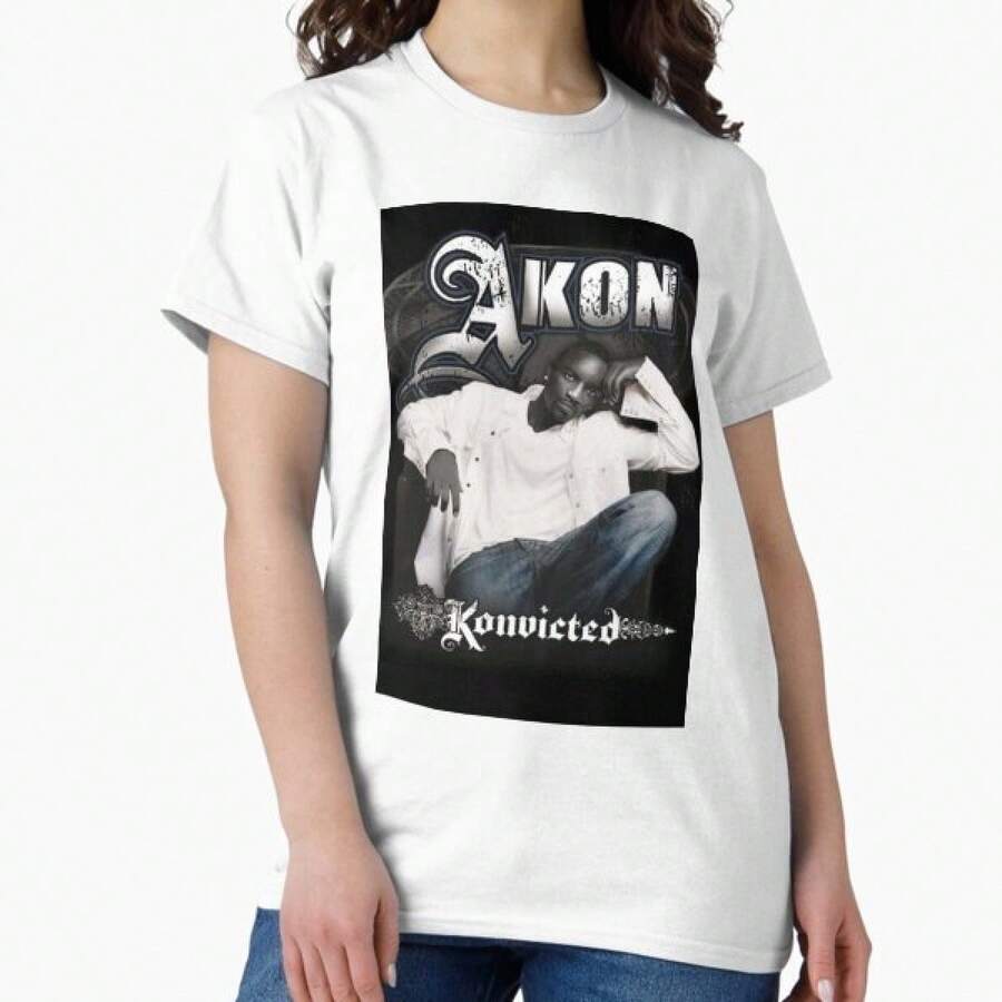 Ak-Oon Konvicted Vintage Album T-Shirt, Gothic Font Black Border Portrait Graphic Tee, Unisex White Cotton Fan Short Sleeve Top - White - View 1
