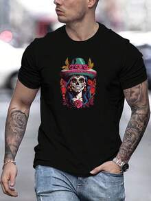 Camiseta de Algodón para Hombre con Estampado de Calavera - Cuello Redondo Casual, Manga Corta, Tejido Transpirable y Elástico para Todas las Estaciones - Negro - Ver 1