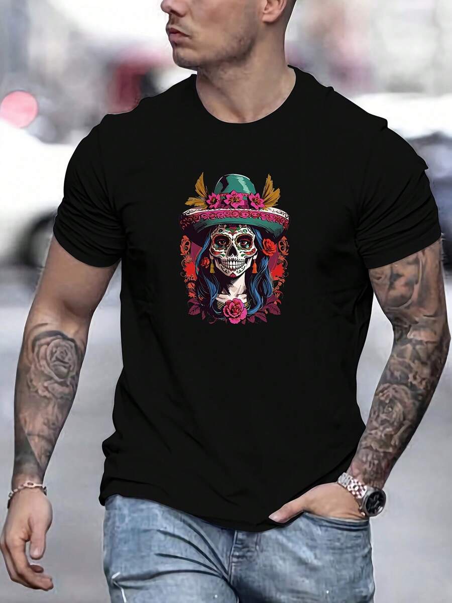 Camiseta de Algodón para Hombre con Estampado de Calavera - Cuello Redondo Casual, Manga Corta, Tejido Transpirable y Elástico para Todas las Estaciones - Negro - Ver 1