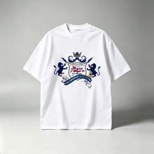 Trendy Men's White Cotton T-shirt Royal Double Lion Crown Graphic Top - Blanco - Ver 1