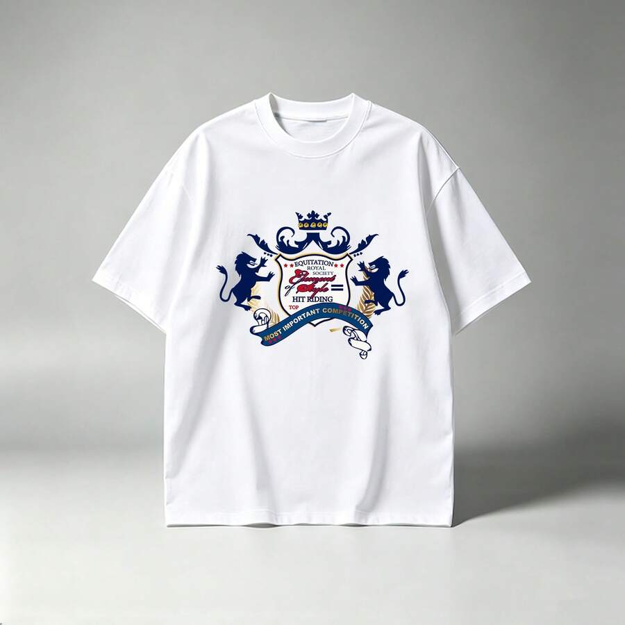 Trendy Men's White Cotton T-shirt Royal Double Lion Crown Graphic Top - Blanco - Ver 1