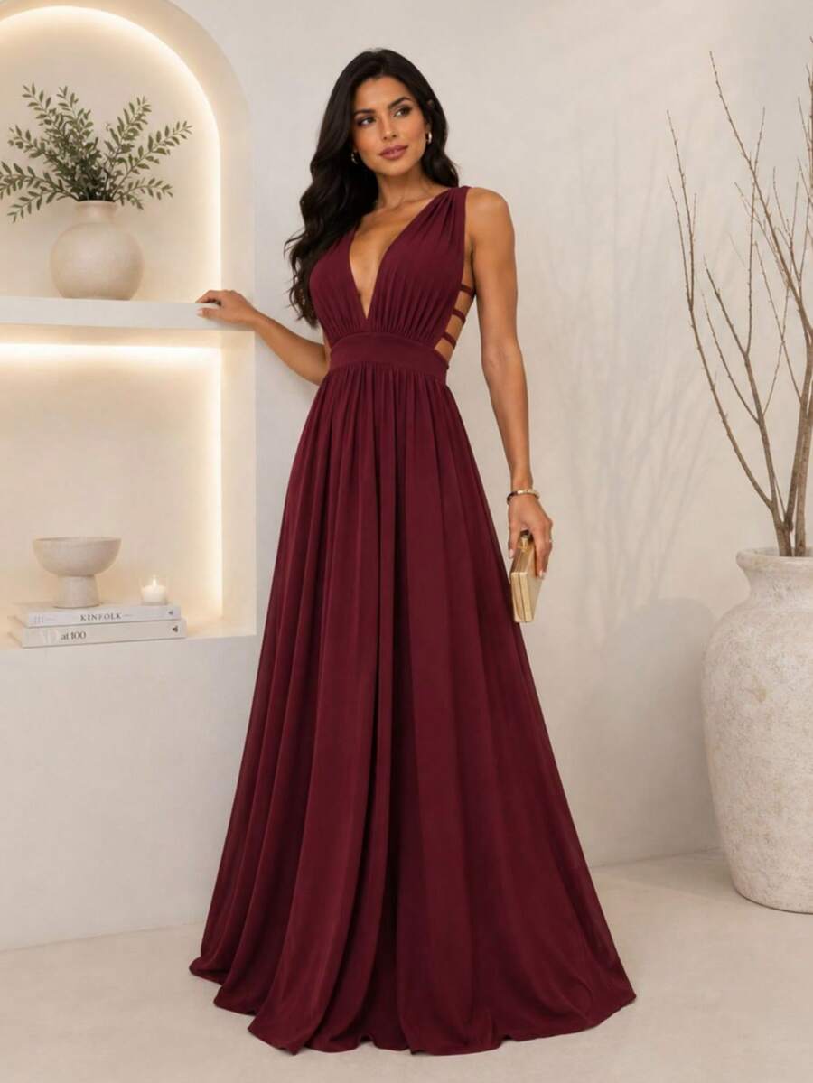 Cheap Bridesmaid Dress For Party Guests, Reception, Graduation, Without Shine, Open On The Side - Color caoba - Ver 1