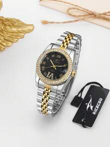 RICECGO 1pc Fashion Elegant Gold Stainless Steel Round Dial Women's Watch, New Rhinestone Inlaid, High-End Exquisite Women's Watch, Suitable For Daily Wear - Multicolor - View 4