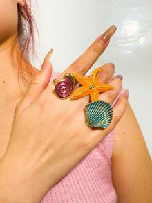imoli 3pcs/Set Bohemian Beach Vacation Stackable Ocean Theme Enamel Orange Starfish + Pink Spiral Conch + Turquoise Scallop Shell Personalized Ring Set, Knuckle Rings, Suitable For Summer Seaside Party Daily Wear Jewelry Gift - 32817-ring-yb - View 3