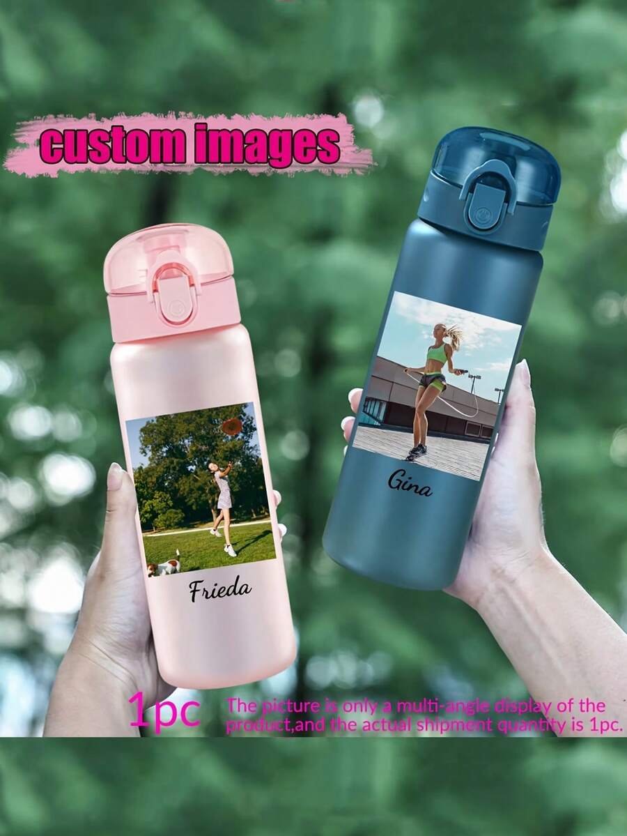 1 buah Botol Minum Olahraga Kustom dengan Foto dan Teks yang Dapat Disesuaikan, Botol Minum Plastik Anti Bocor 780ml/26oz dengan Pegangan untuk Kebugaran dan Perjalanan, Hadiah yang Dipersonalisasi