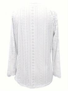 T-Shirt With Eyelets And Contrasting Lace V-Neck, Elegant Long-Sleeved T-Shirt For Spring And Autumn, Women's Clothing - White - View 2