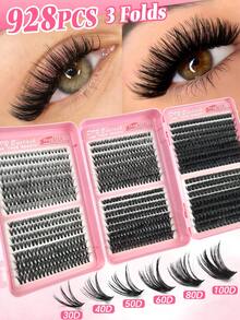 New 928 Pcs Individual Cluster Lash Book D Curl 30D+40D+50D+60D+80D+100D Mixed Trifold Lash Book Natural Look 8-16mm Individual Eyelash Book Extra Large Capacity Fluffy Cluster Eyelash Book Portable For Travel & Multi-Scene Use Lashes Extensions - View 2