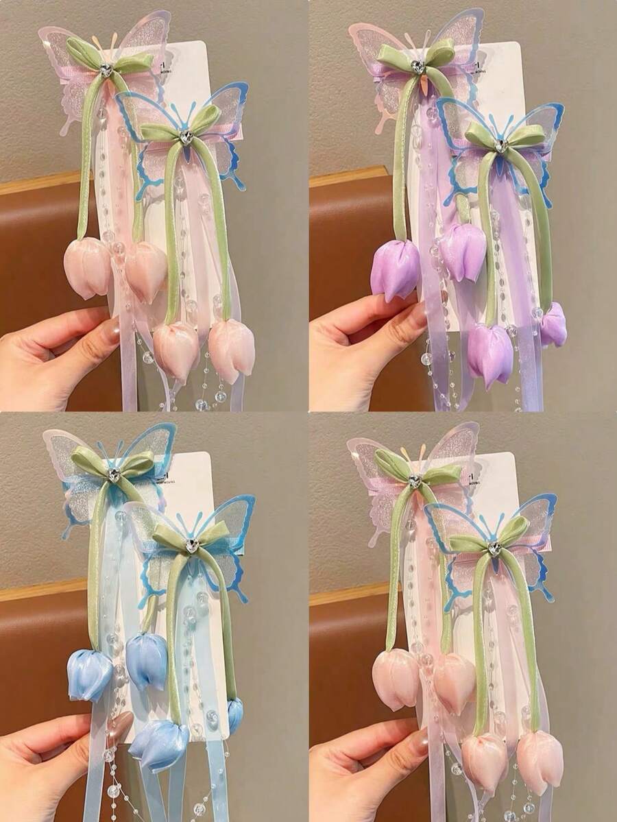 2入女童蝴蝶結髮夾鬱金香花朵髮夾可愛公主風清新髮飾 - 彩色 - 查看 1