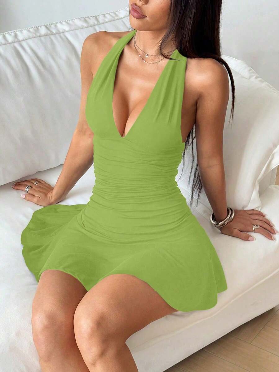 Women Mini Dresses - Olive Green - View 1