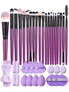 26/37Pcs Total Purple Makeup Tool Kit,20Pcs Makeup Set,Soft Synthetic Cosmetic For Foundation,Eyeshadow & Eyebrow, Includes Makeup Sponges, Triangle Powder Puffs, Hair Band & Wristbands, Multifunctional Cosmetic Accessories For Daily Face Makeup - Purple - View 13