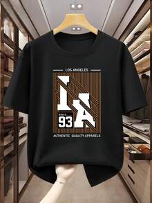 Men's Plus-Size T-Shirt, 100% Cotton, With A Los Angeles-Themed Print, Simple And Elegant, Highlights Individuality. Comfortable And Casual Short-Sleeved T-Shirt For Summer. - 黑色 - 查看 1