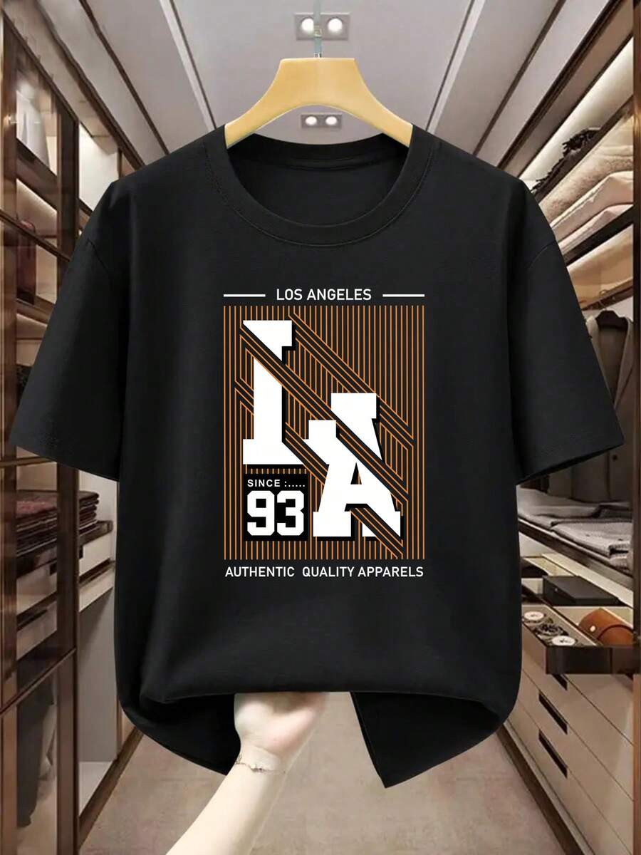 Men's Plus-Size T-Shirt, 100% Cotton, With A Los Angeles-Themed Print, Simple And Elegant, Highlights Individuality. Comfortable And Casual Short-Sleeved T-Shirt For Summer. - 黑色 - 查看 1