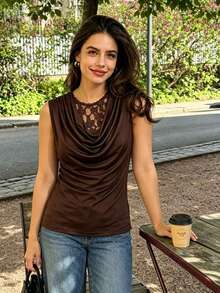 Women's Summer Commute Lace Blouse, Lace Trim Fitted Design, Draped Short Sleeve - Coffee Brown - View 4