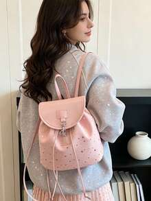 1pc Fashionable Cute Star Pattern Drawstring Flap Backpack, Polyester & PU Leather Patchwork Multifunctional Casual Day Bag, Girls/Teens/Students - Multicolor - View 8