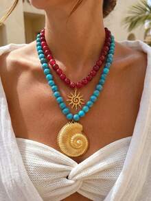 BOHO 2pcs/1pc Vintage French Elegant Fashion Hip-Hop Bohemian Vacation Style Bling Bling Colorful Beaded Turquoise Burgundy Candy Color Beads Exaggerated Sea Star Shell Conch Plumeria Sun Pendant Tassel Long Necklace Set Personalized Unique Y2K Multi-Layered Y-Chain Choker Sweater Chain Suitable For Women Summer Beach Vacation Party Evening Dinner Music Festival Date Gift Daily Wear All Seasons Versatile Jewelry - Multicolor - View 1