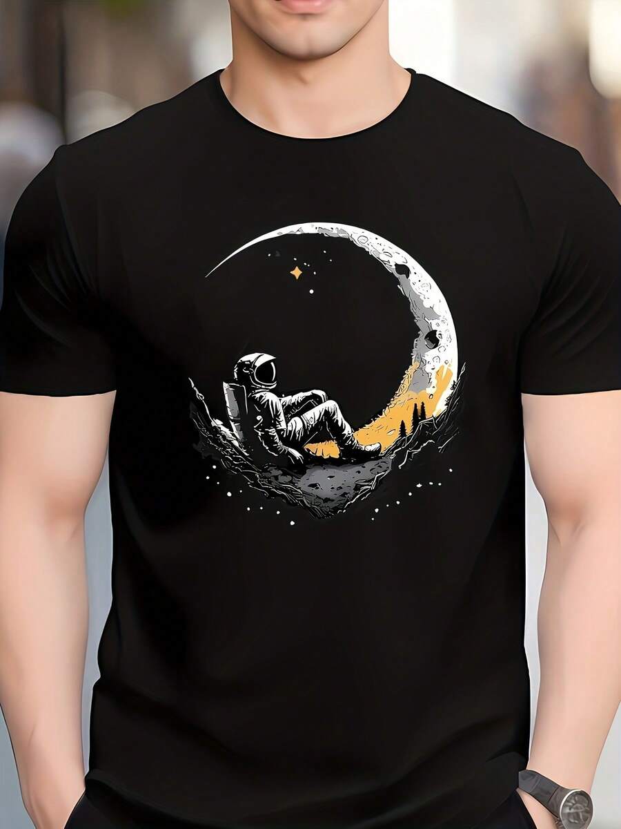 2026 playeras de hombre[Minimalist] Men'S Cotton Graphic T-Shirt - Short Sleeve, Astronaut On Moon Design, Black With White & Yellow Artwork, Casual Fit, Round Neck, All-Season Wear, Casual - Negro - Ver 1