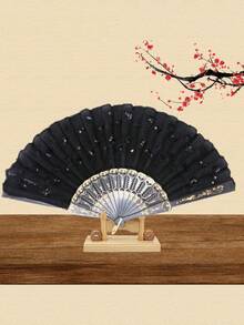 1pc Forever & Moment Elegant Colorful Embroidered Floral Pattern Sequin Fabric Folding Hand Fan, Suitable For Group Dance, Wedding And Festival - Multicolor - View 19