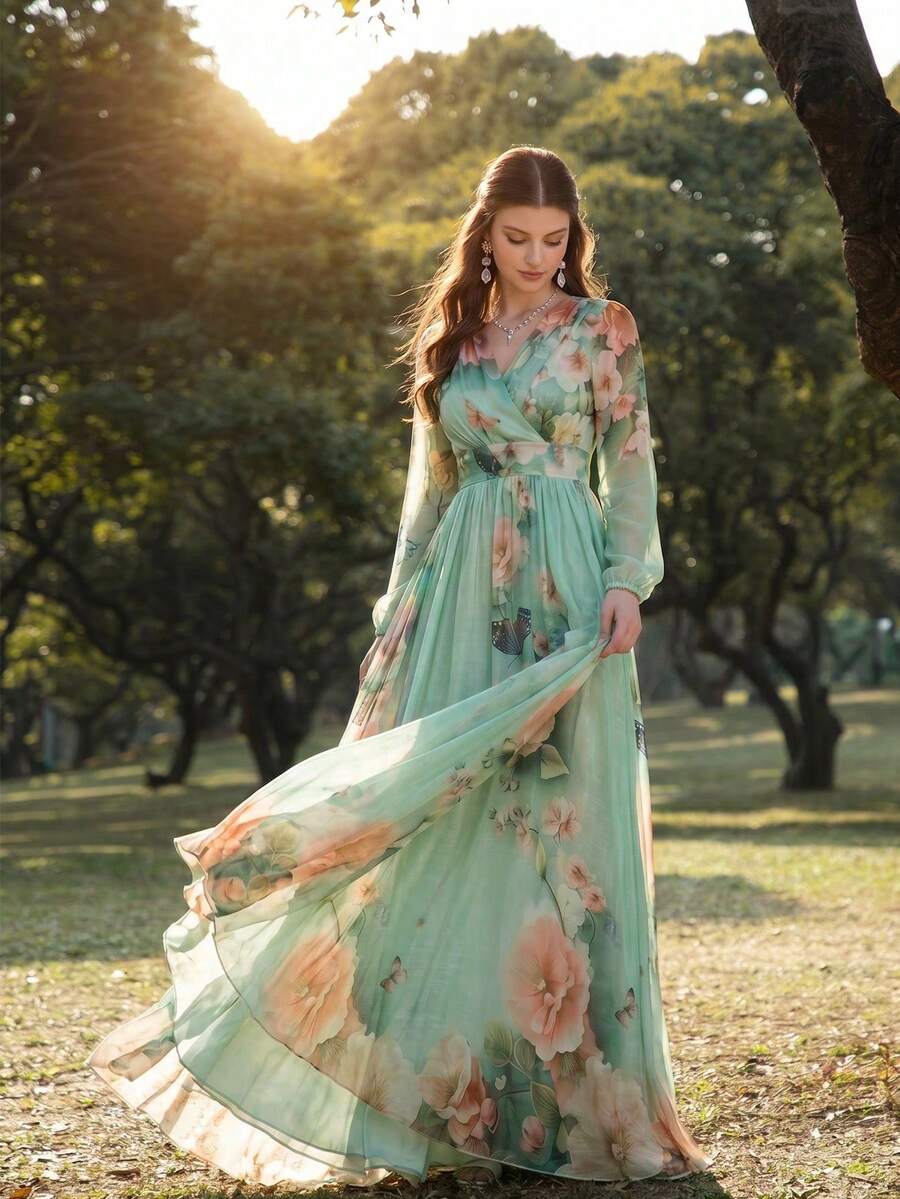 Women's New Elegant Romantic Floral Print Long Sleeve Slimming Flared Dress, Flower & Leaf All-Over Print Bohemian Zipper Closure Vacation Dress Spring - Mint Green - View 1