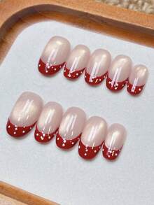 10PCS Handmade Press On Nails, Short Round Fake Nail Tips, Nude Pink Shimmer Cat Eye Base With Red Polka Dot French Tips, Vintage Sweet Style Reusable Nail Stickers, Salon Grade, Beginner Friendly For Daily Dates Party Holiday Wear - Multicolor - View 3