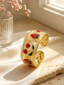 VceTd 1pc Gentle & Cute Style Stainless Steel Women's Bracelet With Enamel Drip Strawberry & Cherry Design, Suitable For Ladies To Wear At Banquets, Parties, Travel, Or Dates With Friends - Yellow Gold - View 8