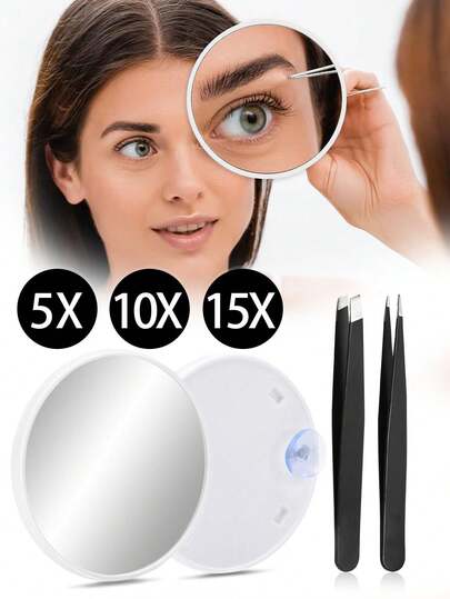 1 pieza Espejo de aumento con ventosa, espejo de maquillaje con aumento 5x/10x/15x, espejo de viaje portátil y juego de pinzas, adecuado para el arreglo de cejas, eliminación de puntos negros, maquillaje, asequible, para decoración de habitación, tocador, viaje, dormitorio, accesorios de maquillaje, espejo, espejo de maquillaje, asequible, regalo de Navidad, cosméticos, herramientas de maquillaje, ganga, regalo, regalo para mujeres, regalo de Navidad