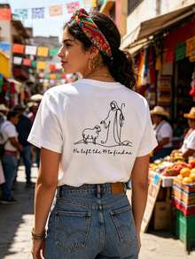 | 1 Women's T-Shirt 100% Breathable Cotton | Women's Short Sleeve T-Shirt With Religious Print - Jesus And The Shepherd's Lamb With The Phrase "He Left The 99 To Find Me" (Matthew - 白色 - 查看 1