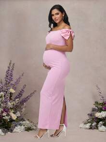 JustVH Elegant Off-Shoulder Bow Decor Long Maternity Dress, Pink Summer Gown, Suitable For Baby Shower And Formal Occasions Fall - Pink - View 6
