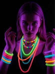 8pcs/4pcs/1pc Neon Fluorescent Party Beaded Necklace And Bracelet Set, Glow-In-The-Dark Colorful Beaded Bracelets, 80s Carnival Party Essential Colorful Glow-In-The-Dark Supplies, Carnival, Neon Light Night Decor, Glow-In-The-Dark Necklace, Neon Light Party Decoration, Back To School, Home Decor, Home Supplies, Family Essential - Multicolor - View 3