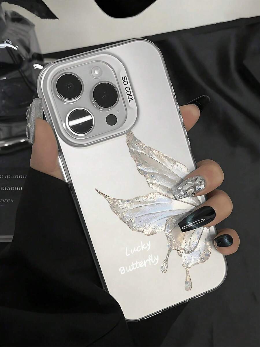 1 pieza Funda de teléfono con estampado de mariposa plateada y blanca iridiscente "Mariposa de la suerte", cubierta protectora de lujo y estilo creativo compatible con iPhone 17/17 Pro/17 Pro Max/16/11/13/15/15 Plus/15 Pro/15 Pro Max/12/14 Pro Max/11 Pro Max/12 Pro/12 Pro Max/13 Pro/13 Pro Max/14 Pro/14 Plus, Galaxy A26 5G/A56 5G/A06/A05/A05S/S25/S24/S23/S22, a prueba de golpes - Blanco - Ver 1