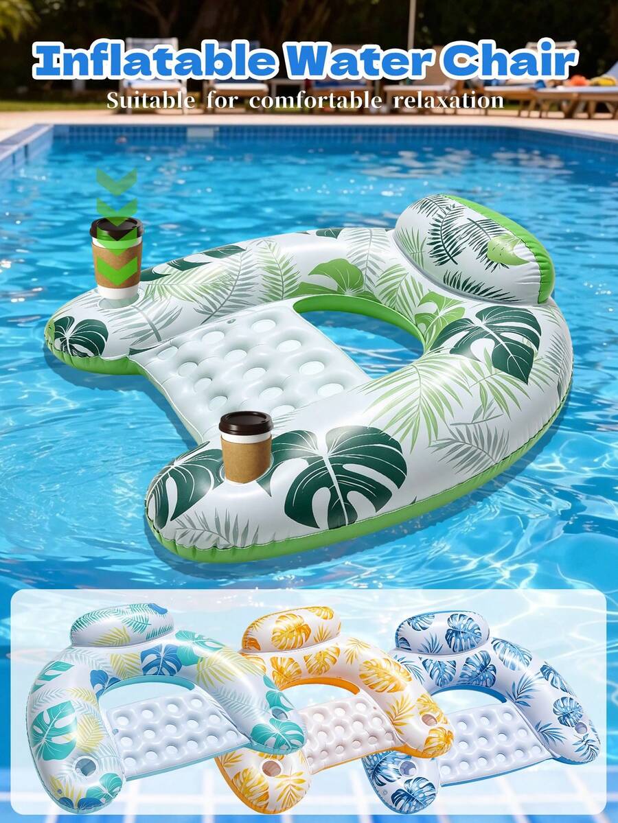 Tropical Leaf Print Inflatable Pool Lounge Chair With Dual Cup Holders And Inflatable Headrest, Thickened PVC Floating Lounge Chair For Beach, Lake, Pool, River, Backyard Summer Outdoor Water Relaxation - Multicolor - View 1