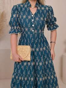 Women's Midi Dress With 3D Embroidery And Plain Design, Functional Button, Elasticated Back And Sleeves, 100% Cotton,  For Women. - 深綠色雙色 - 查看 3