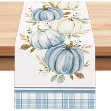Autumn Blue Pumpkin Eucalyptus Leaf Table Runner, Buffalo Plaid Thanksgiving Kitchen Dining Table Decor For Indoor Outdoor Home Party - Blue - View 9
