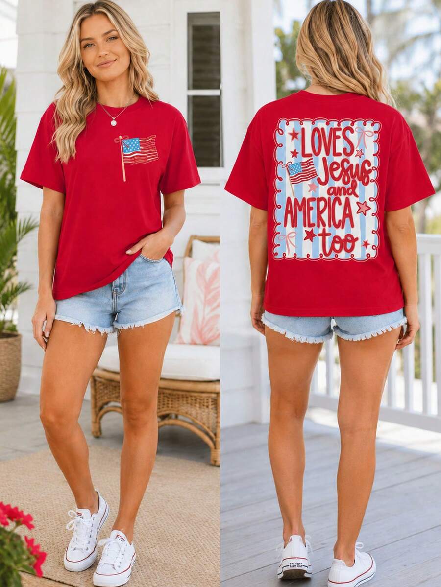 Women's Casual Oversized Red Cotton T-Shirt With American Flag & Text Graphic, Short Sleeve Round Neck Summer Outfit Top - 紅色 - 查看 1