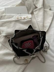 Bolso de cubo cruzado de unicolor con cordón y tejido calado, bolso pequeño, bolso de playa - Negro 5 - Ver 8