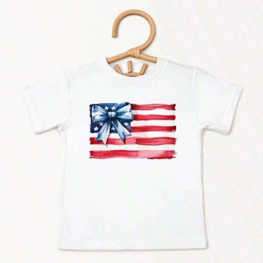 White T-Shirt For Toddlers With Patriotic 4th Of July Print, Casual, Short Sleeve, , Kindergarten Graduation, 4th Of July Girls, Children's Items, Clothing - 霧霾藍 - 查看 1