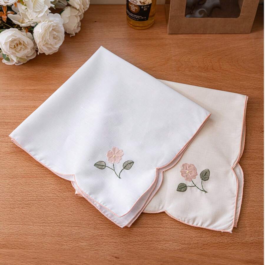 1pc/4pcs Solid Color Embroidered Floral Napkins, Suitable For Dining Table Decor, Photography, Celebrations - Multicolor - View 1