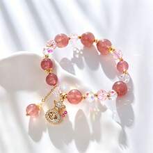 Fashion Design 1pc Strawberry Crystal Glass Bracelet[With Box] Women's Blessing Bag Pendant Charm Bracelet, Gift For Girlfriend - Pink - View 5