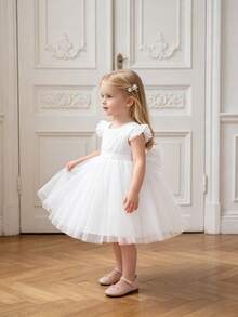 Baby Girls Mesh Back Bow Tutu Elegant Princess Flower Girl Dress, Suitable For Parties, Headband Not Included - White - View 7