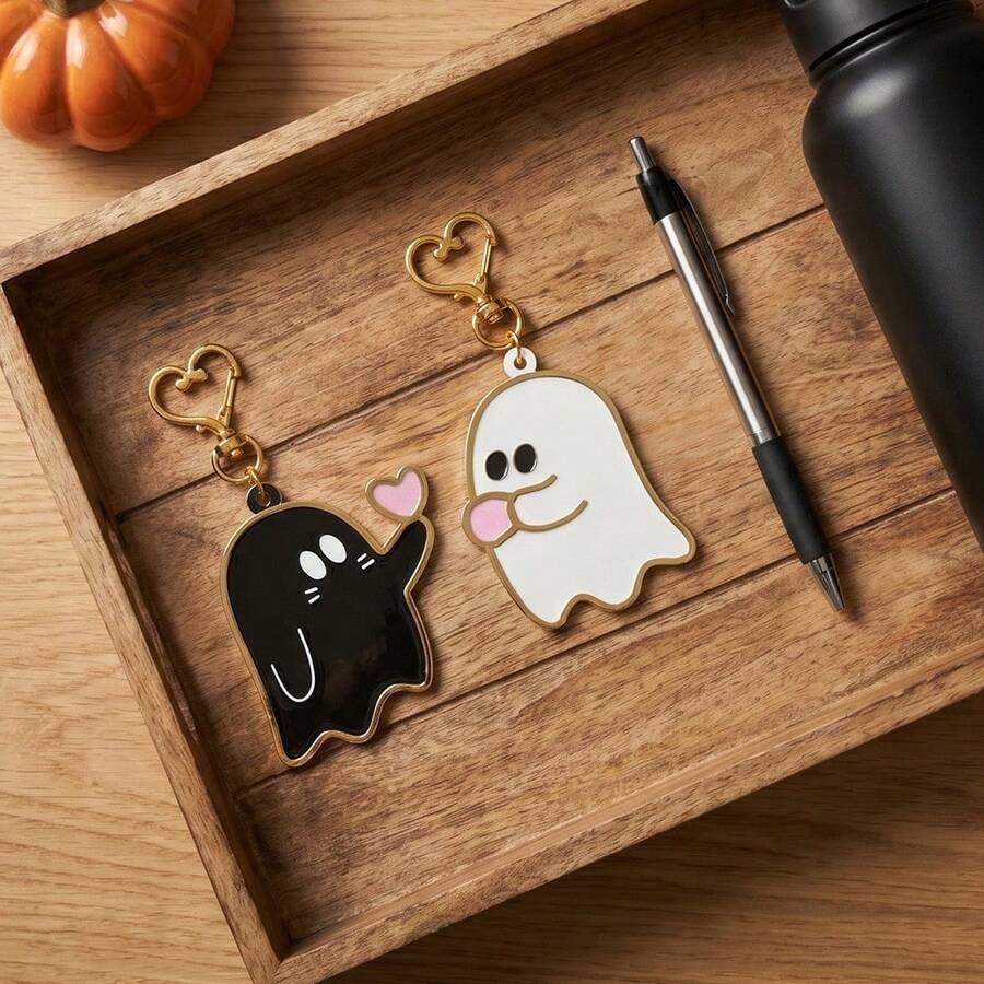 1/4Pcs Cartoon Waving Heart Ghost Acrylic Keychain, Couple Best Friend Matching Keyring, Daily Accessory, Backpack Wallet Decor Ornament, Cute Halloween Holiday Gift - Multicolor - View 1