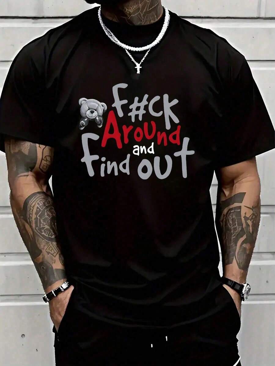 Nueva llegada: Camiseta de manga corta para hombre, talla grande, 100% algodón, estampada, casual, cuello redondo. - Negro - Ver 1