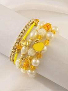 5pcs/Set Shell, Yellow Heart Bracelet Set, Bohemian Style Stackable Design, Suitable For Girls, Beach Vacation Casual Wear, Casual Heart Pattern, Great Gift - Yellow - View 6