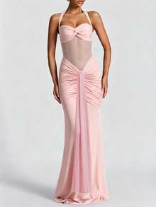 Women's Sexy Strapless Mesh Patchwork Long Dress, Elegant Pleated Semi-Sheer Dress Suitable For Balls And Parties Summer - Baby Pink - View 1