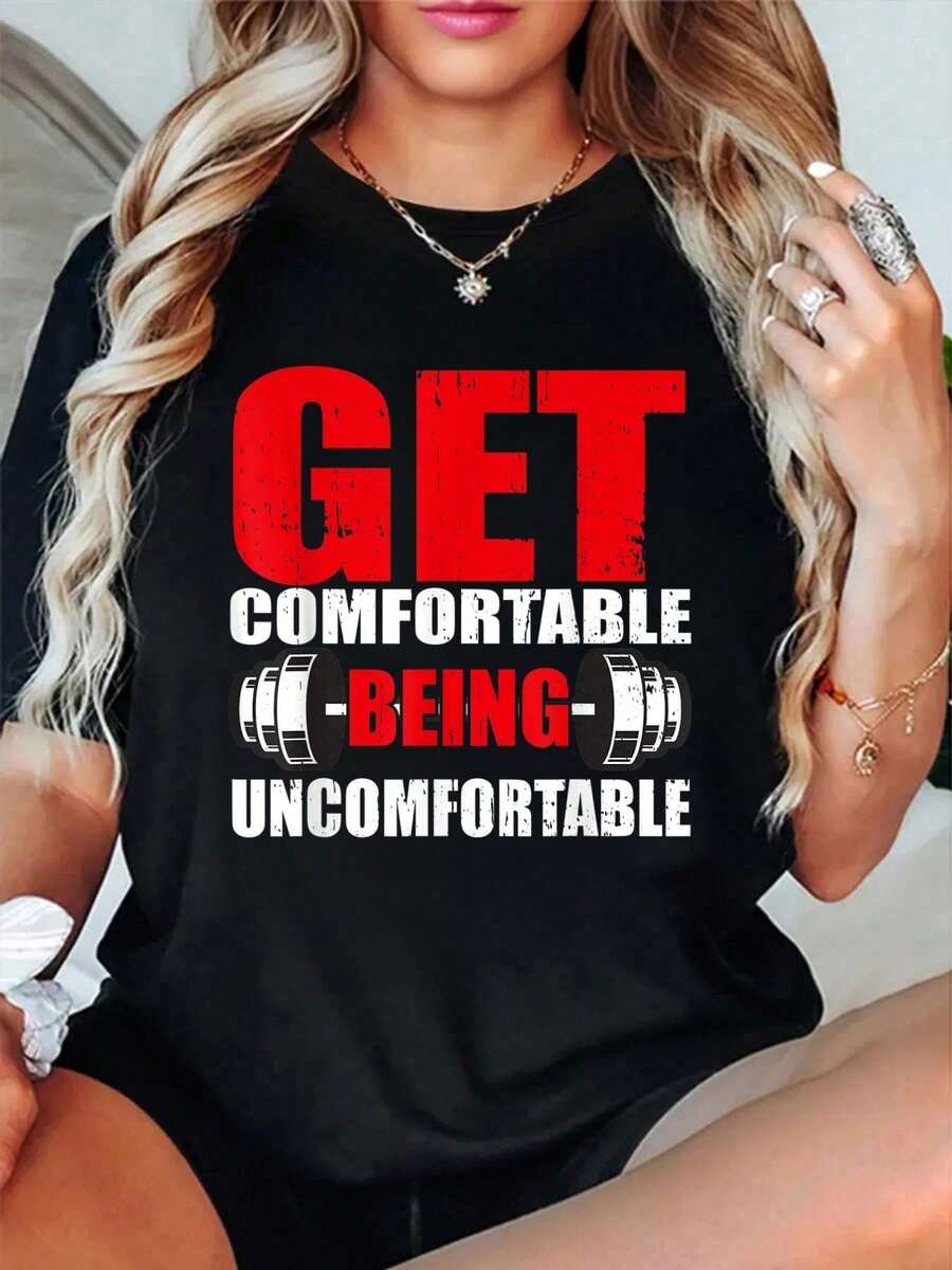 Feel Comfortable Being Uncomfortable, Gym T-Shirt, Fitness, Bodybuilding, Round Neck, Short Sleeve, Graphic T-Shirt For Women And Men. - 黑色 10 - 查看 1