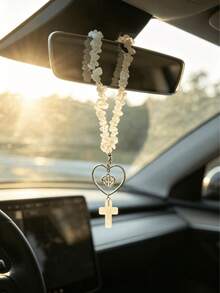 1pc Natural White Crystal Beaded Cross Heart Frame Car Rearview Mirror Hanging Ornament, Religious Faith Auto Interior Decor Charm - A - View 6