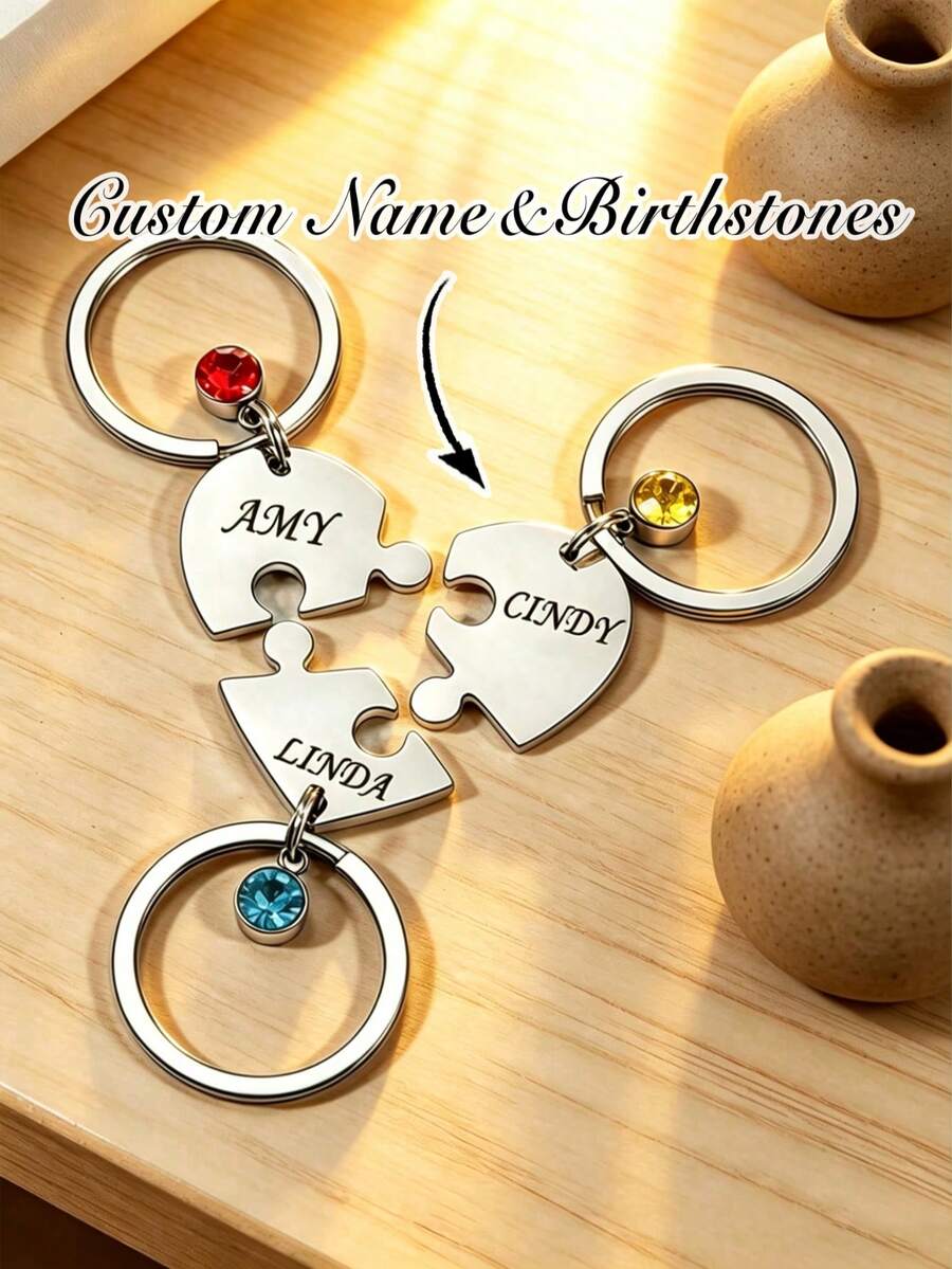 1pc Customized Heart Puzzle Keychain, Personalized Family Name, Birthstone Keychain, Mother's Day Gift, Gift For Mom, Gift For Family/Friends/Girls/Mothers, Car Keychain